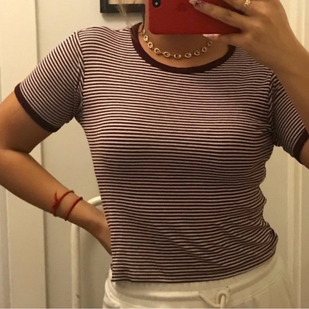 Brandy Melville Burgundy and White Striped Crop Top